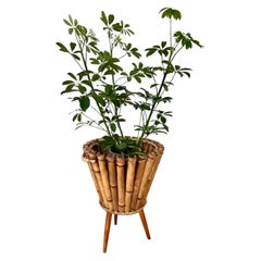Tall Mid-Century Swedish Handmade Bamboo and Teak Tri-Pod Plant Stand, 1940s