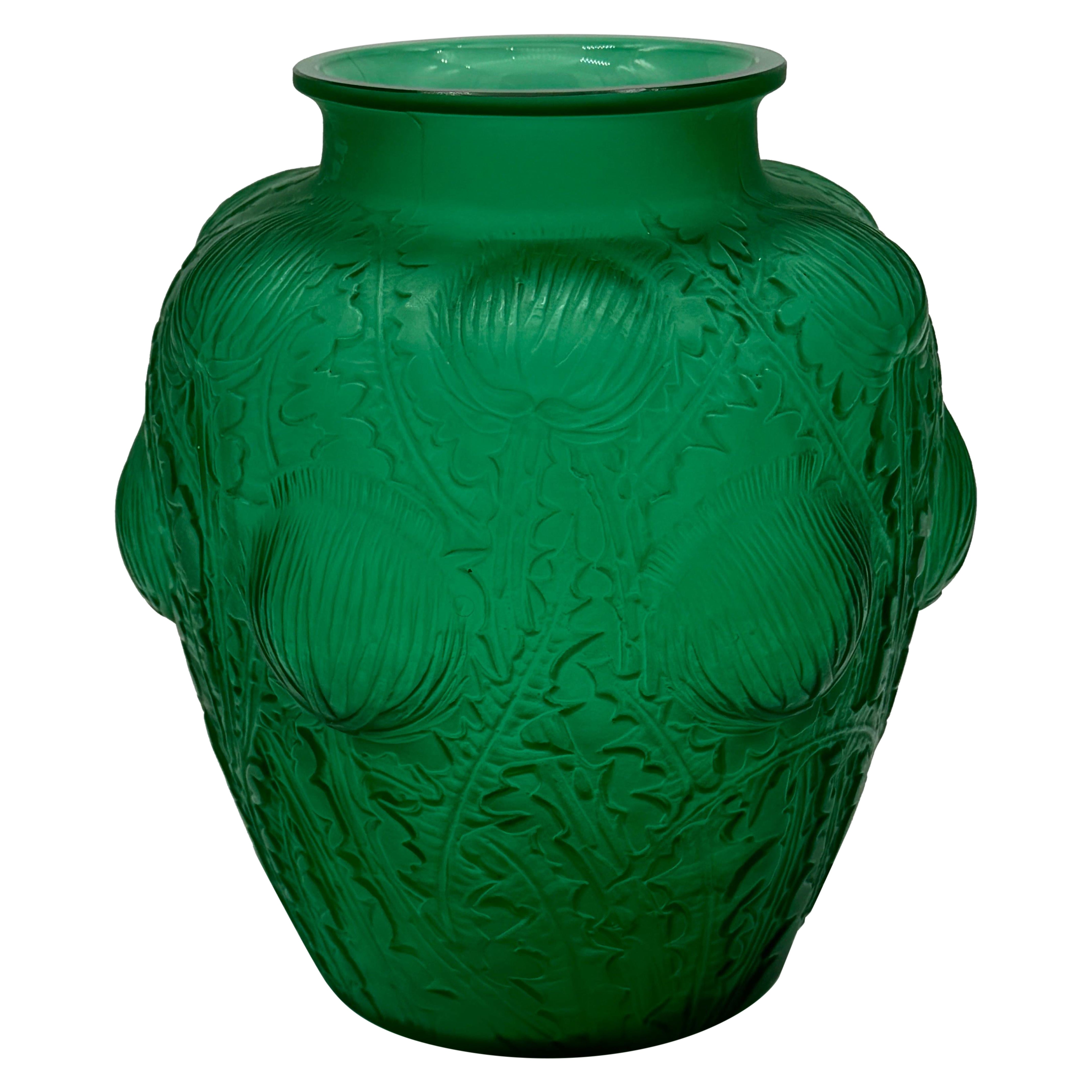 An Art Deco R.Lalique Domrémy Green Glass Vase