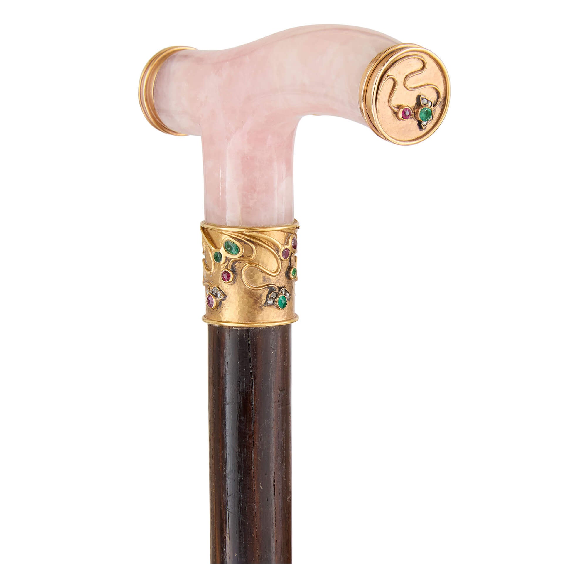 Art Nouveau Rose Quartz, Gold, Ruby, Emerald and Diamond Walking Stick