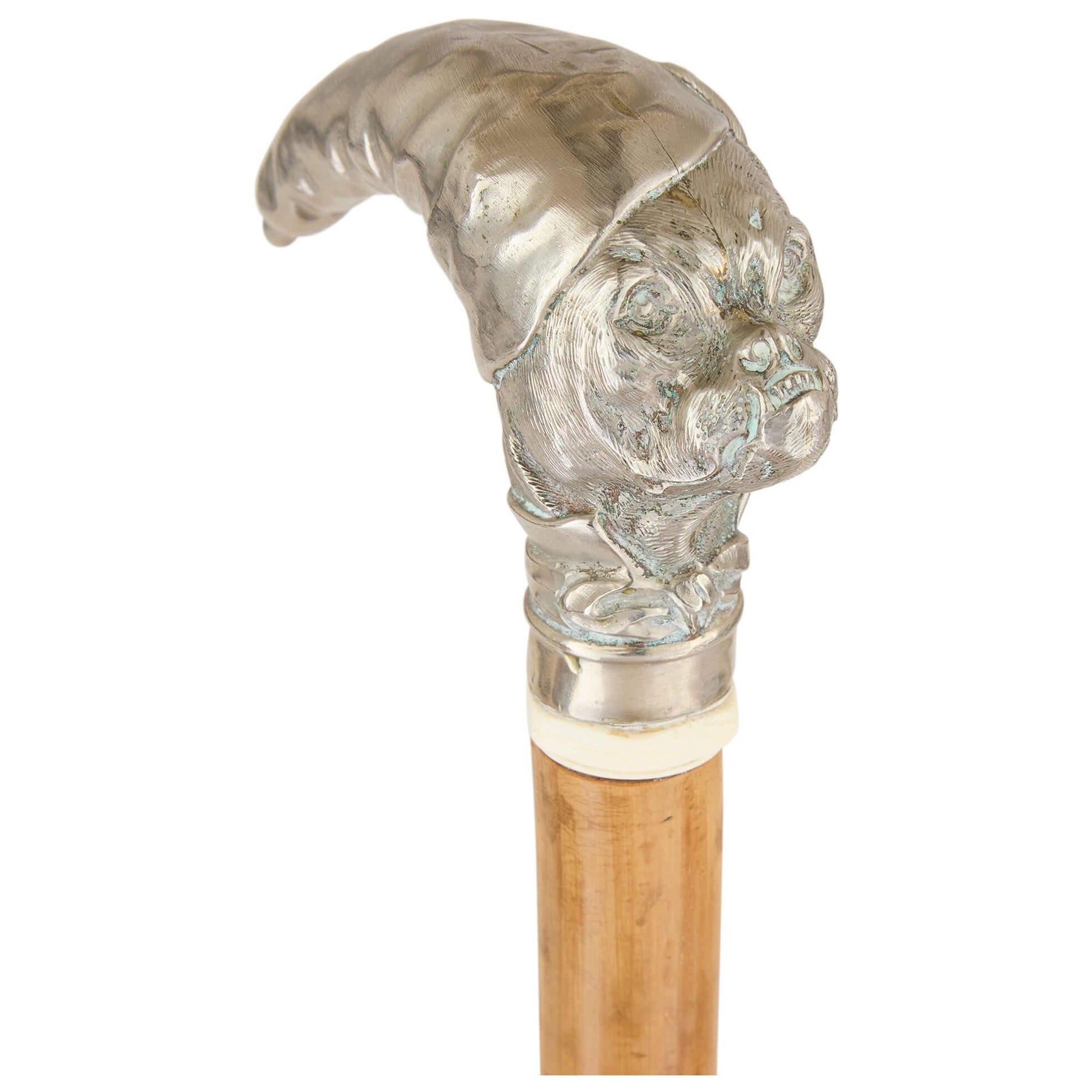 Antique German Silver Mounted Dog-Shaped Corkscrew Cane For Sale