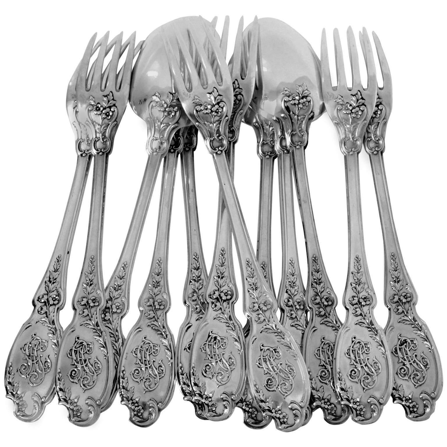 Linzeler French Sterling Silver Dinner Flatware Set 12 pieces, Rococo For Sale