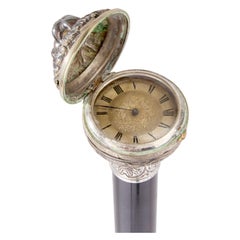English Victorian Silver and Ebonised Wood Watch Walking Stick