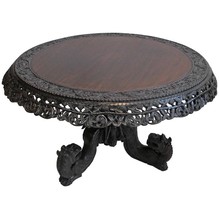 Large Antique Anglo-Indian Carved Padouk Wood Center Table, Mid 19th