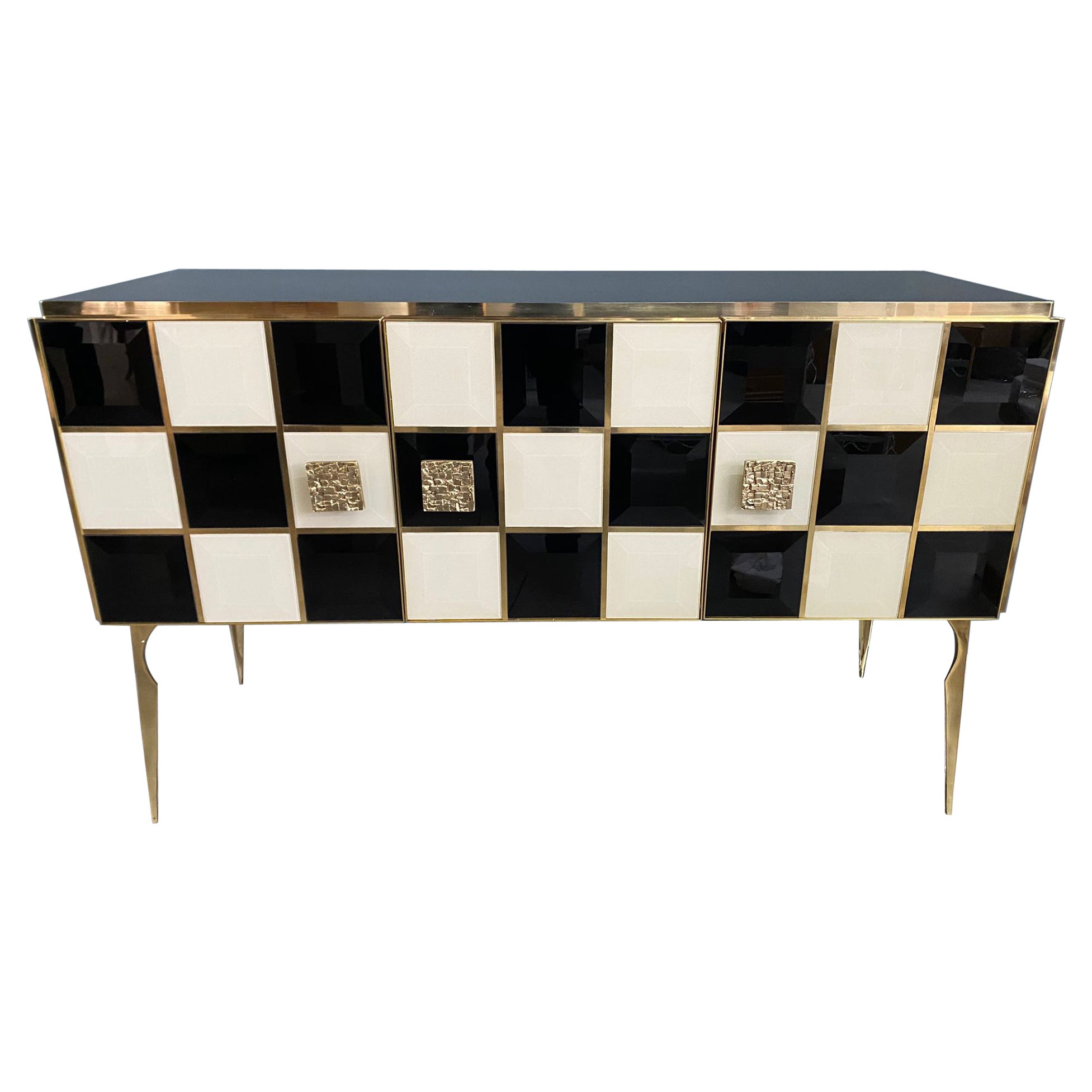 Italienische Contemporary Black White Check Murano Glas, Messing und Wood Sideboard
