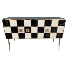 Buffet contemporain italien à carreaux noirs et blancs en verre de Murano, laiton et Wood