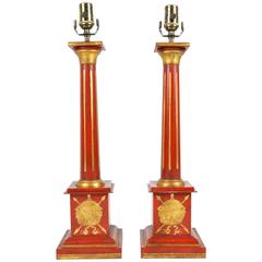 Pair of Empire Style Red Tole Table Lamps