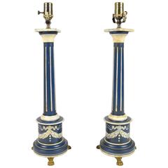 Pair of French Empire Style Blue Tole Table Lamps