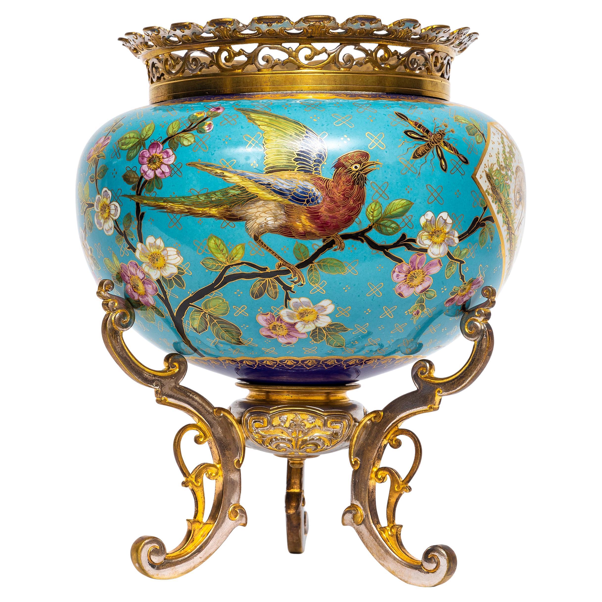 19th C. Japanisme French Porcelain Jardinière w/ Gilt and Silvered-Bronze Stand