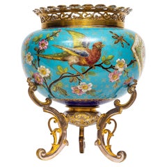 19th C. Japanisme French Porcelain Jardinière w/ Gilt and Silvered-Bronze Stand