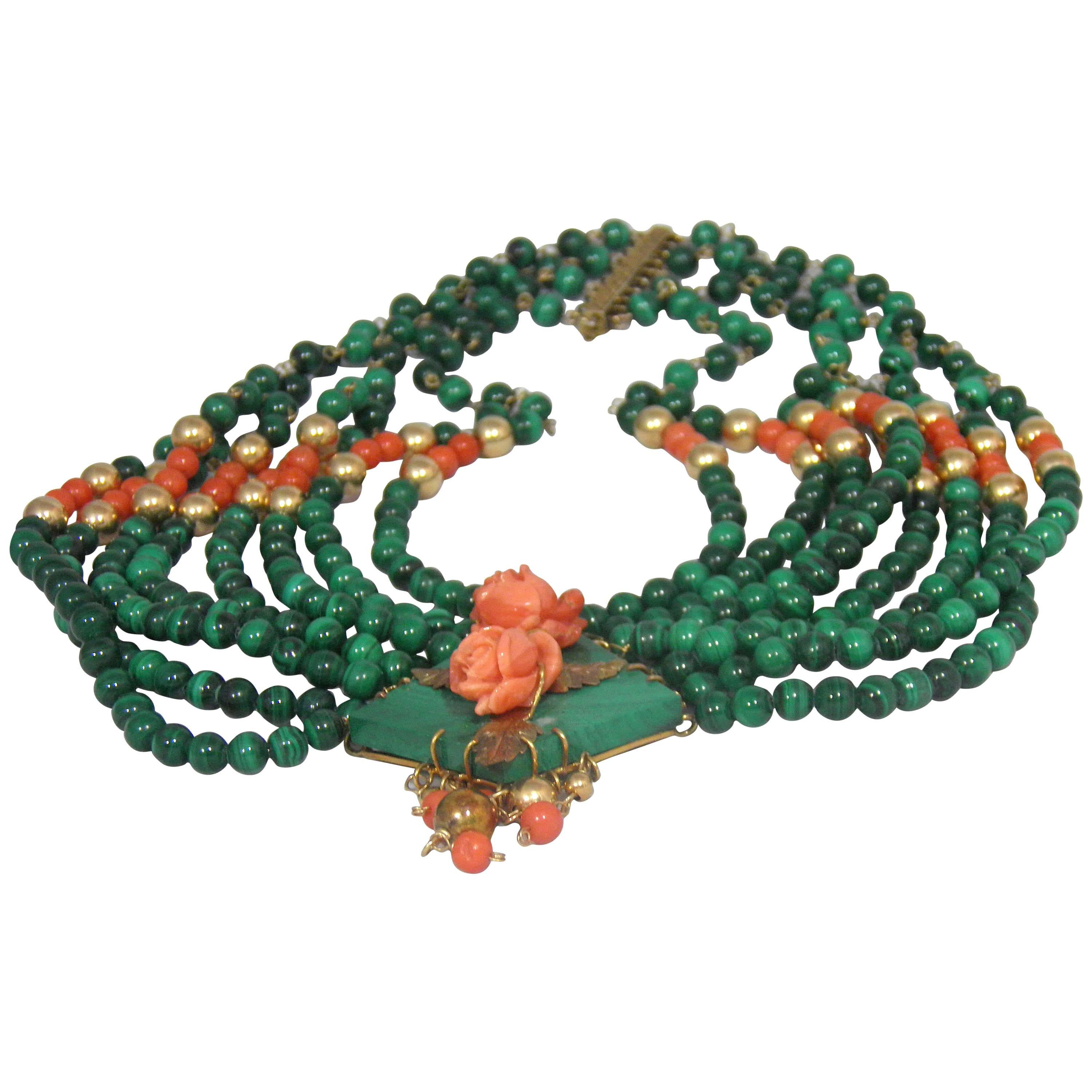 Perfect for a future Socialite from a Palm Beach Socialite! 
Turn heads in this enchanting colorful vintage victorian collar necklace. Stunning combination of green malachite, coral beads, 14-karat beads, 14 K.clasp- featuring a pair of carved coral