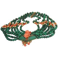 Stunning Eight Strand Malachite, Carved Coral, 14-Karat Gold Collar Necklace