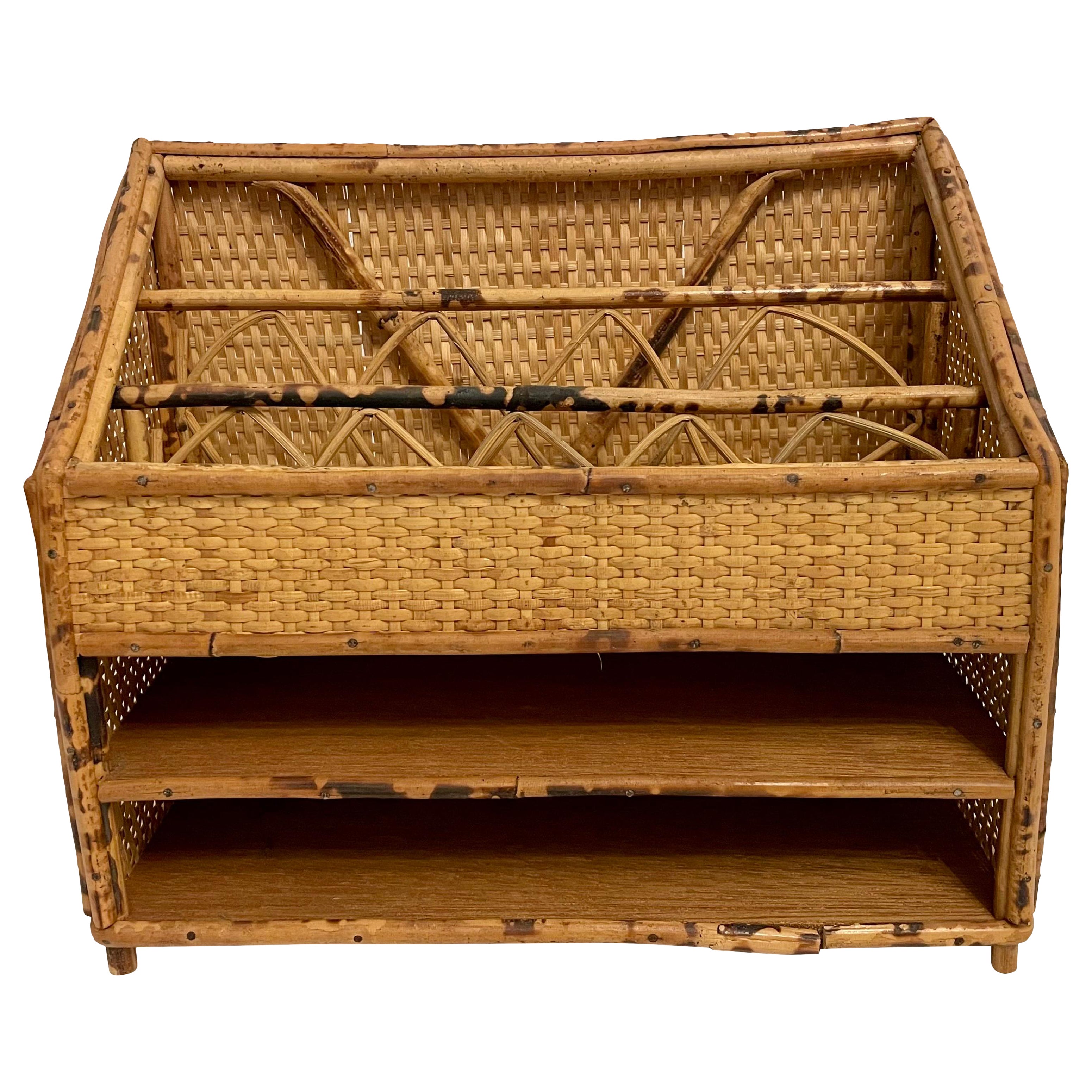 Vintage Bamboo And Rattan Letter Holder Desk Organizer