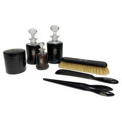 Set of 7-Pieces Antique Vanity Set, in Crystal, Ebony & Silver Monogram