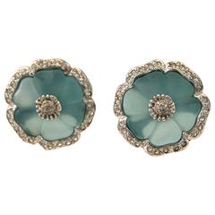 Vintage Italian Flower Lalique Style Earrings Aqua Glass with CZ Trim by Republica