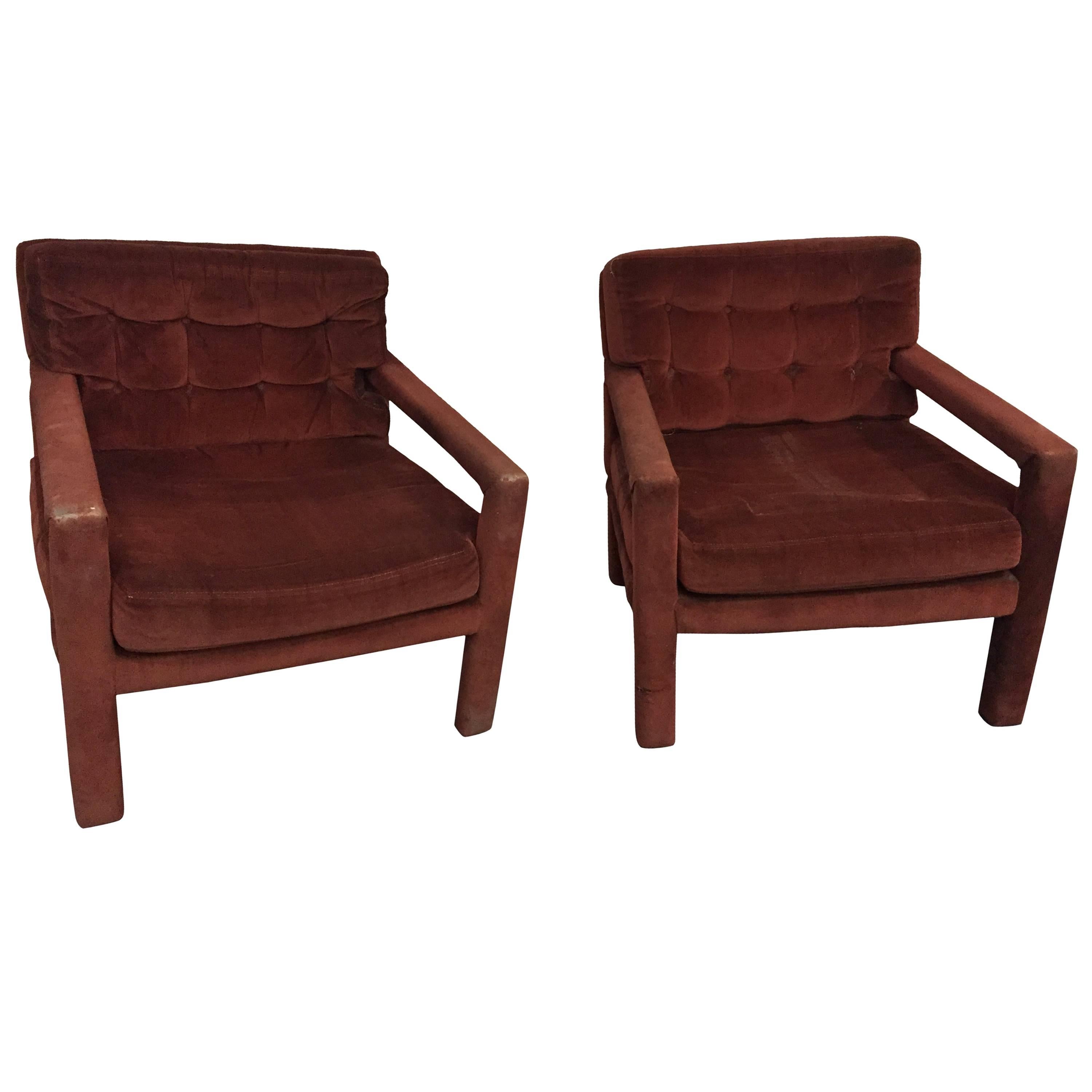 Pair of Milo Baughman Chocolate Color Button Tufted Lounge Chair or Armchairs For Sale