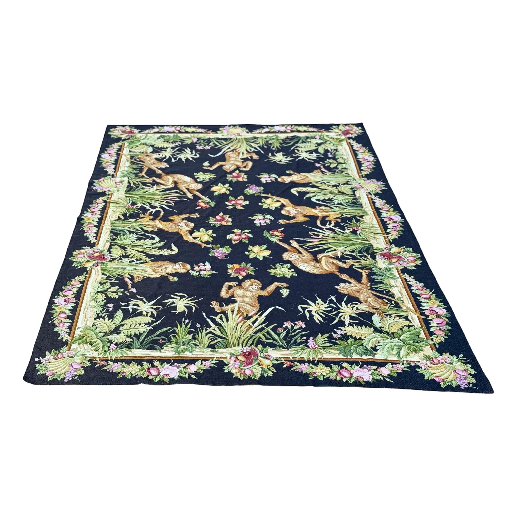 Vintage French Aubusson Wool Rug - Tropical Fruit & Flowers with Monkeys For Sale