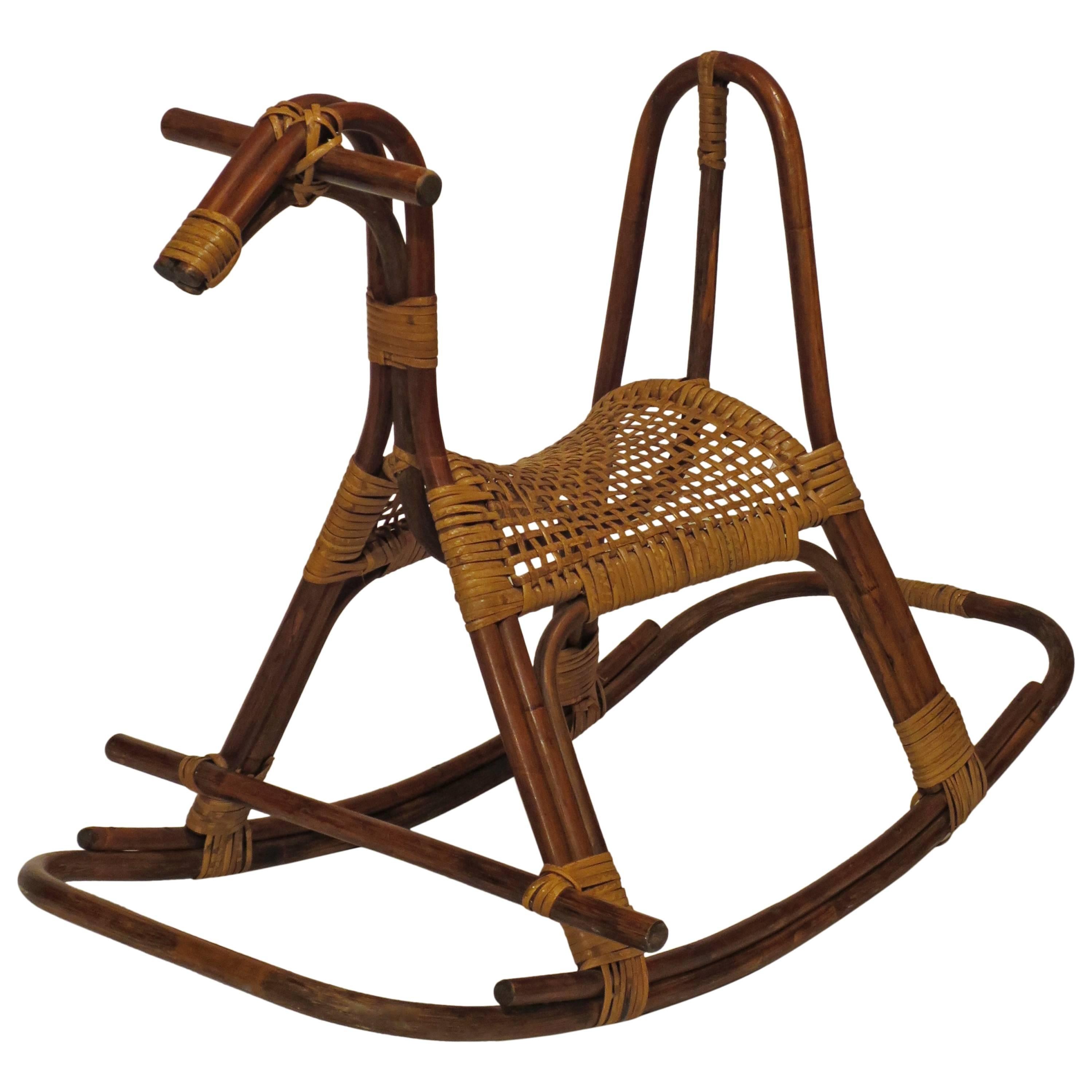 Mid-Century Cane and Rattan Rocking Horse For Sale