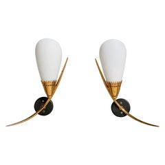 Designer francese, lampade da parete, ottone, metallo, vetro, Francia, anni '1960