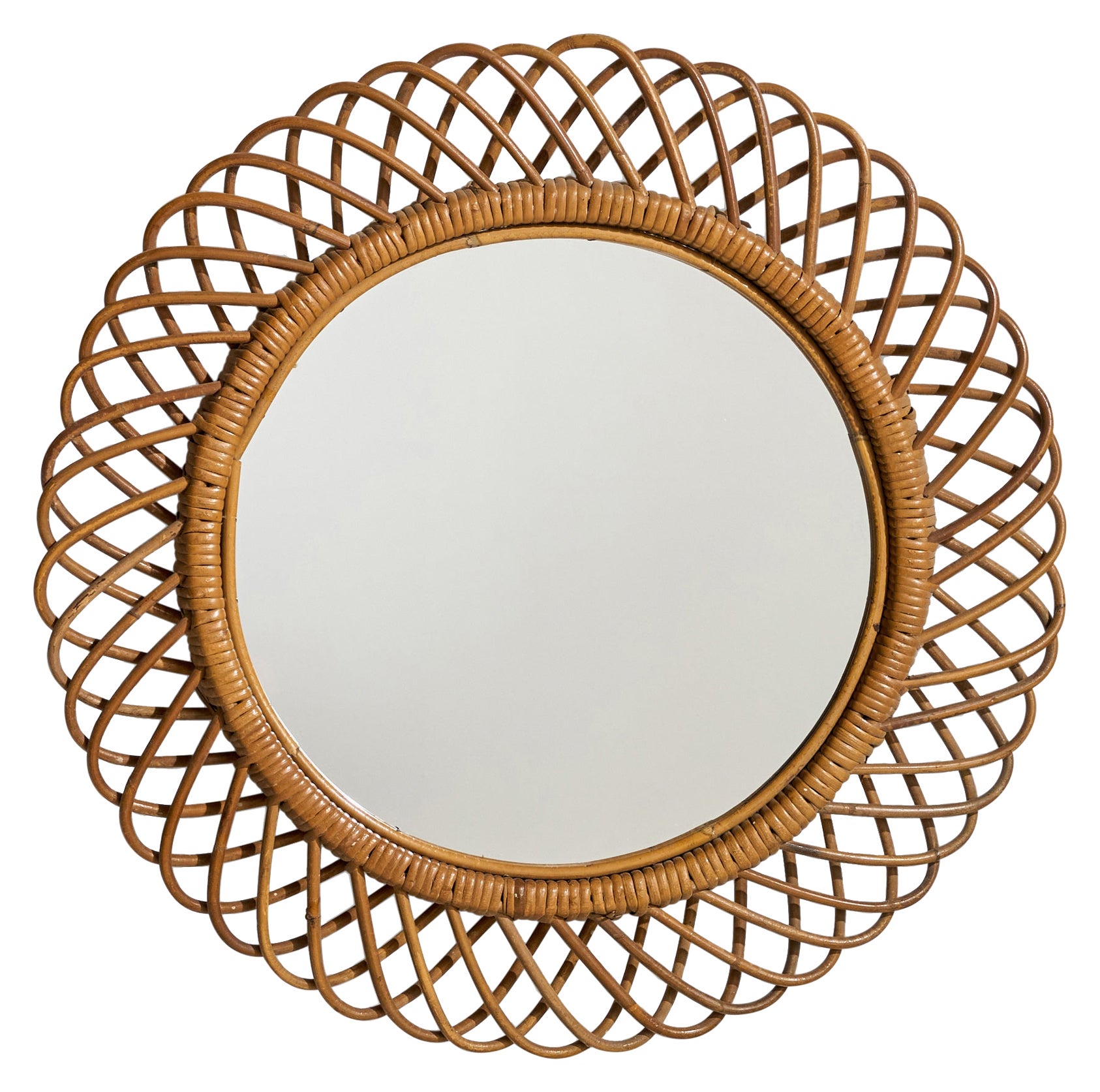 Specchio da parete di design italiano, bambù, rattan, Italia, anni '60