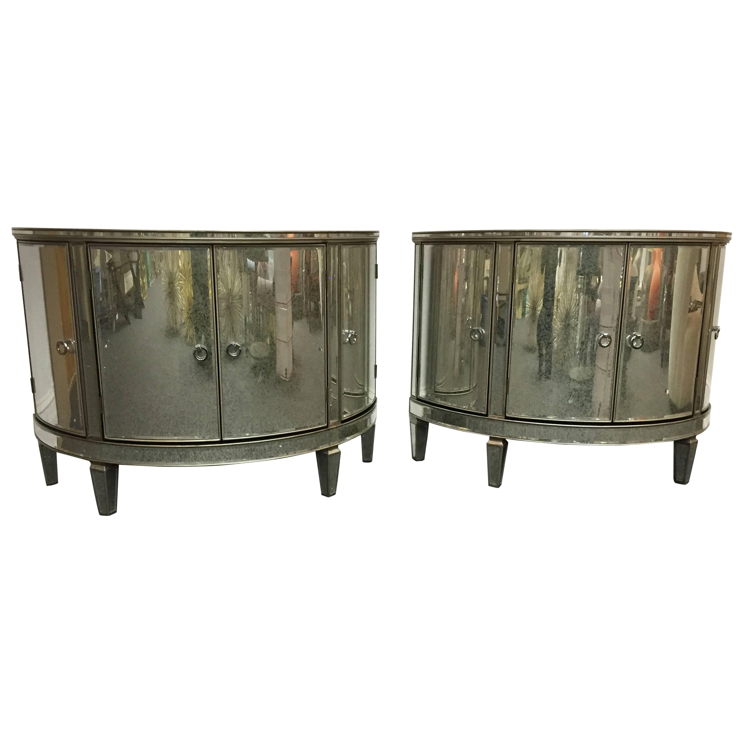 Pair of Custom-Made Demilune Mirrored Commodes For Sale