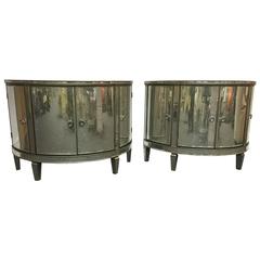 Pair of Custom-Made Demilune Mirrored Commodes