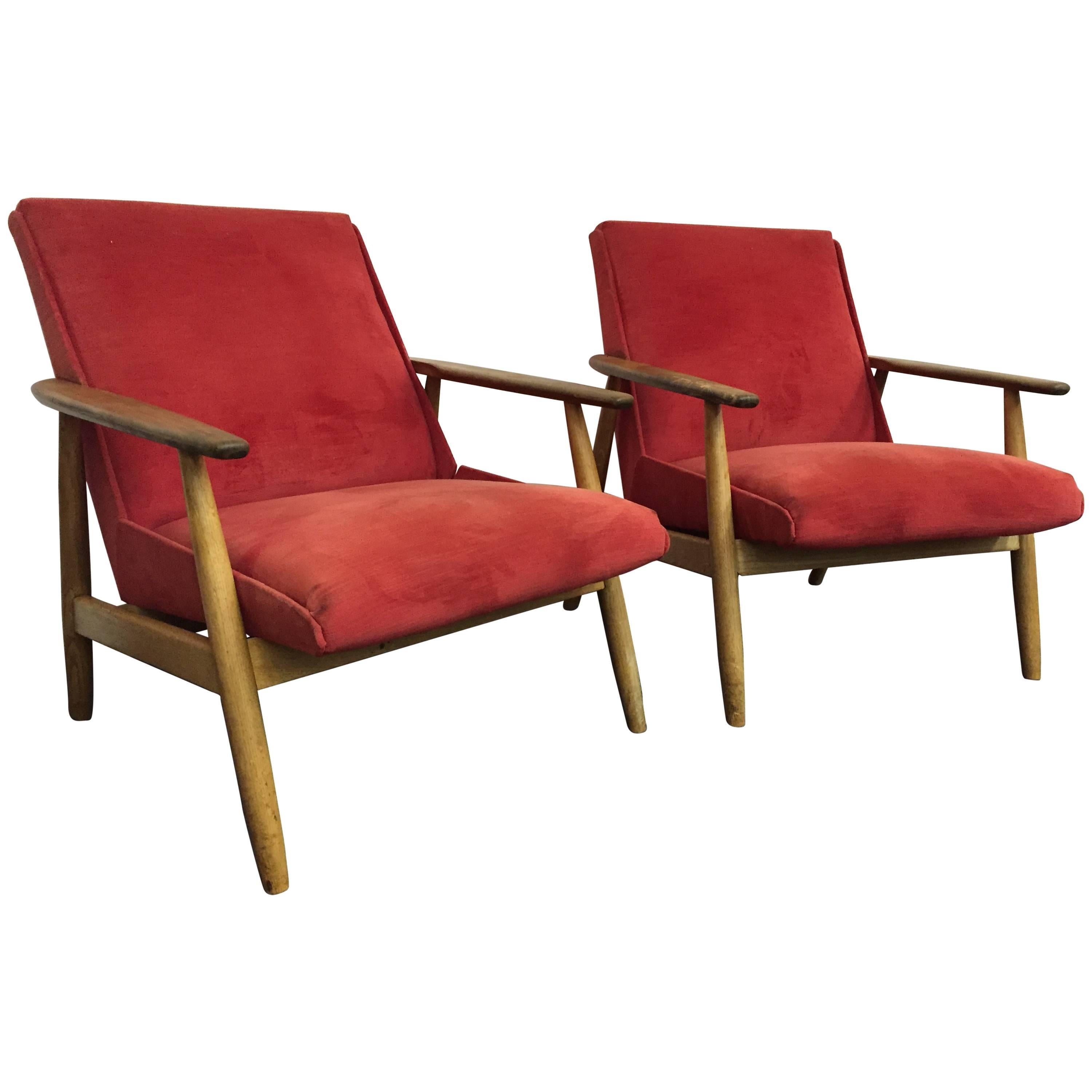 Pair of Danish Modern Armchairs in Original Red Upholstery, circa 1960 For Sale
