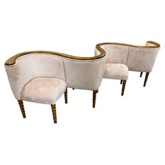 Italian Contemporary Warm White Chenille and Wood Curved Conversation Sofa
