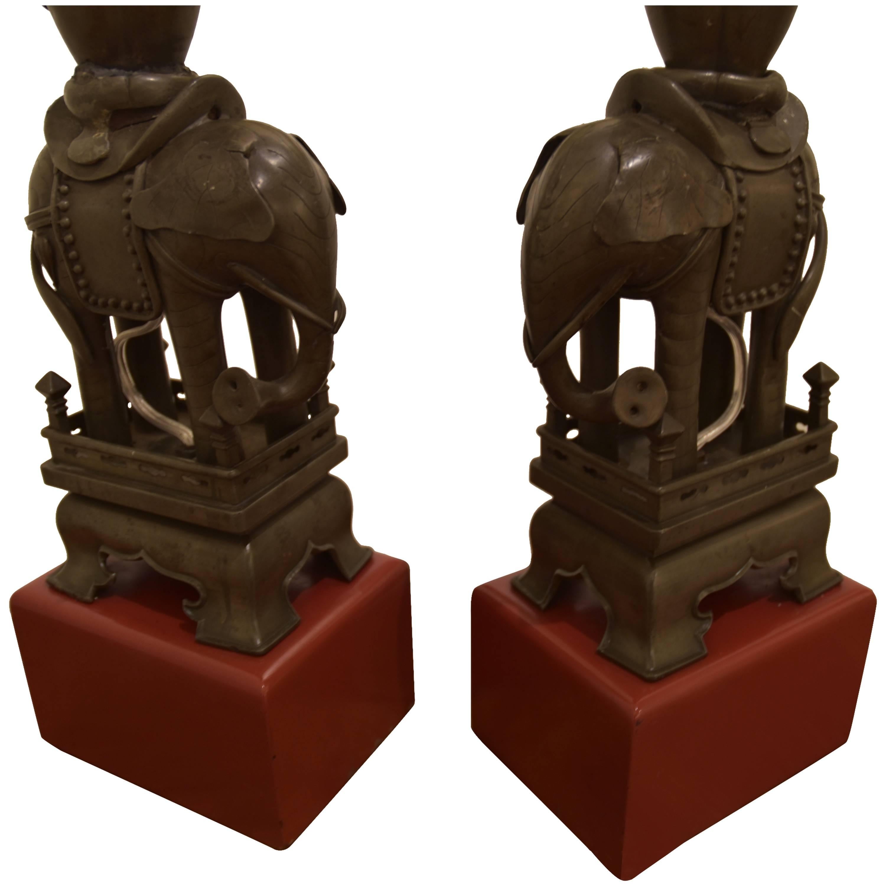 Pair of Chinese Pewter Elephant Lamps on Red Wooden Bases For Sale