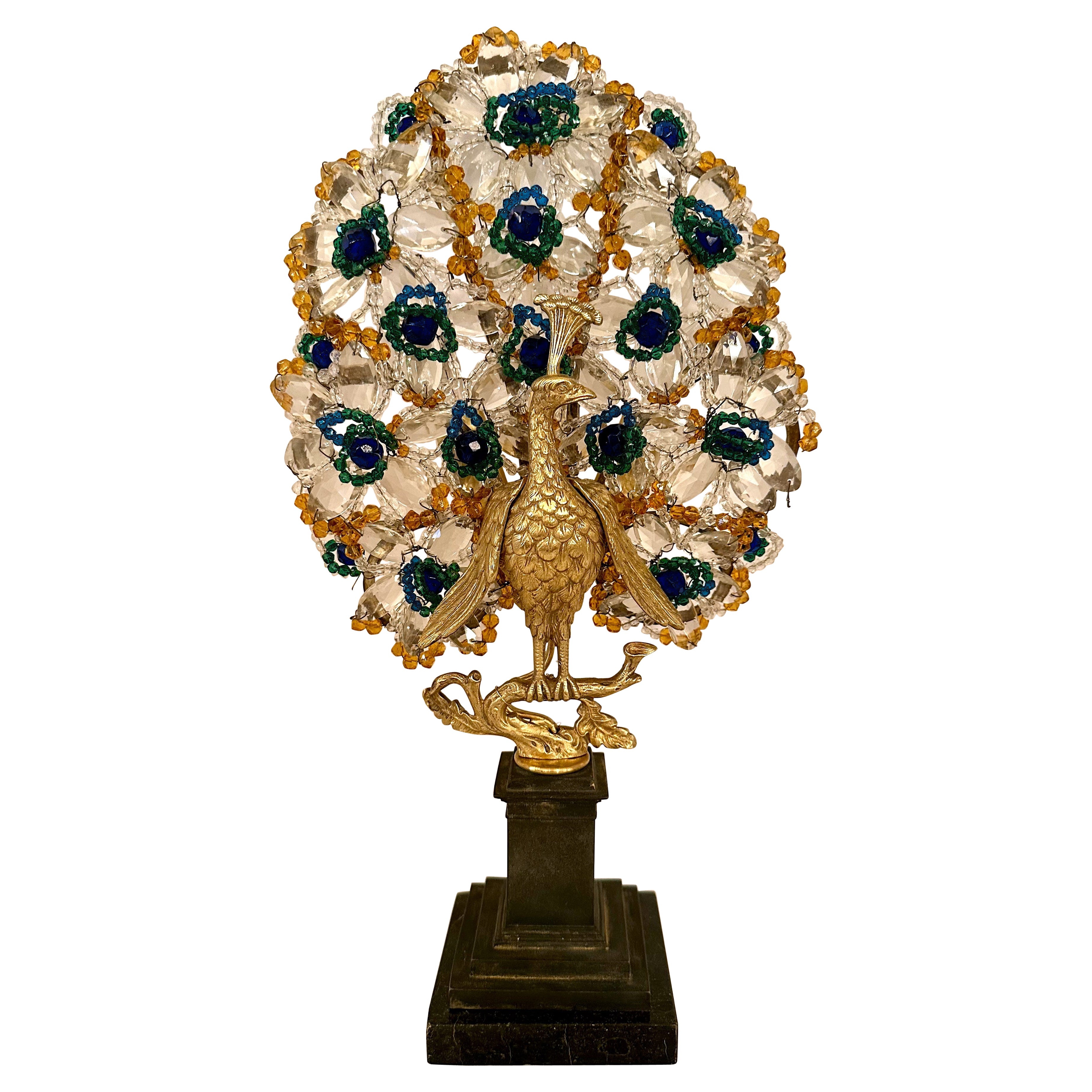 Antique Art Deco French Gold Bronze & Colorful Beadwork Peacock Lamp, Circa 1915