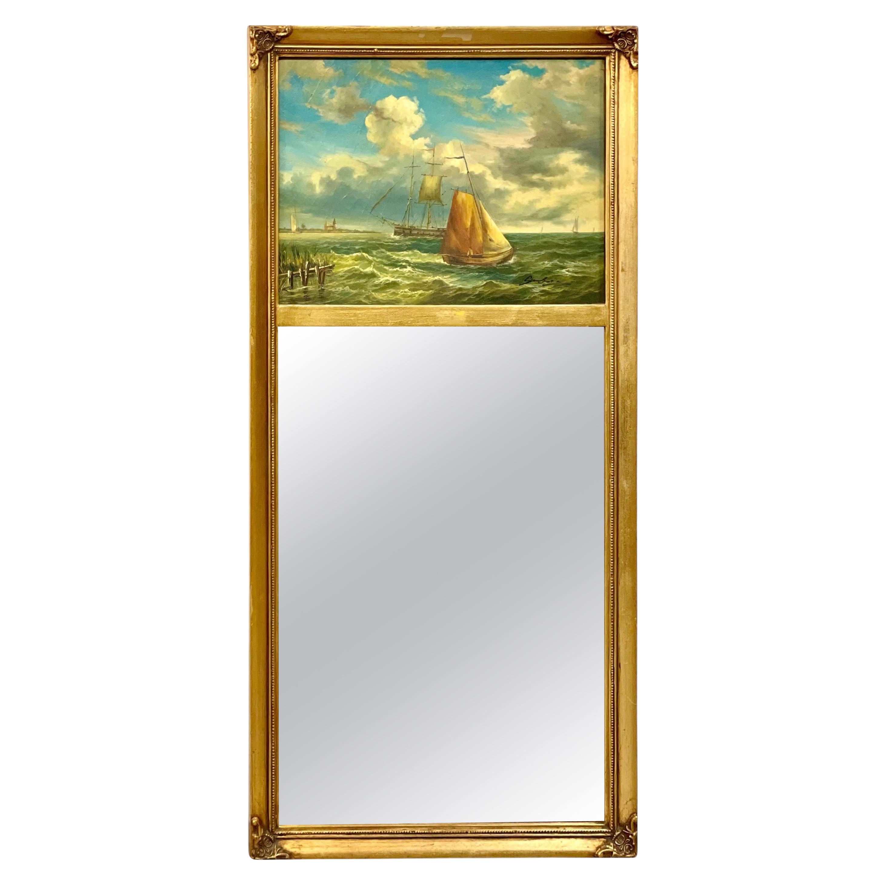 19th Century Gilded Trumeau Mirror with Maritime Painting