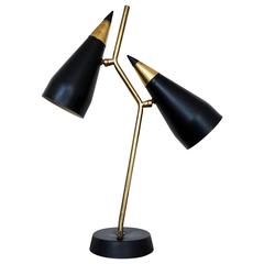 1950s Modern Double Cone Brass and Black Lamp