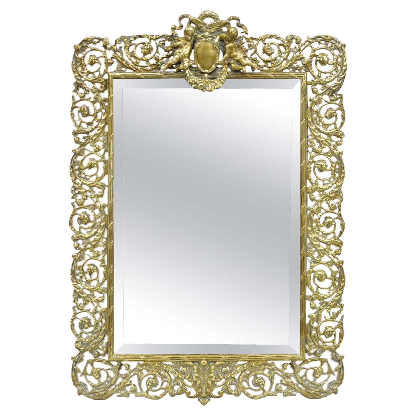 Antique French Renaissance Louis XV Gilt Bronze Figural Cherubs Beveled Mirror