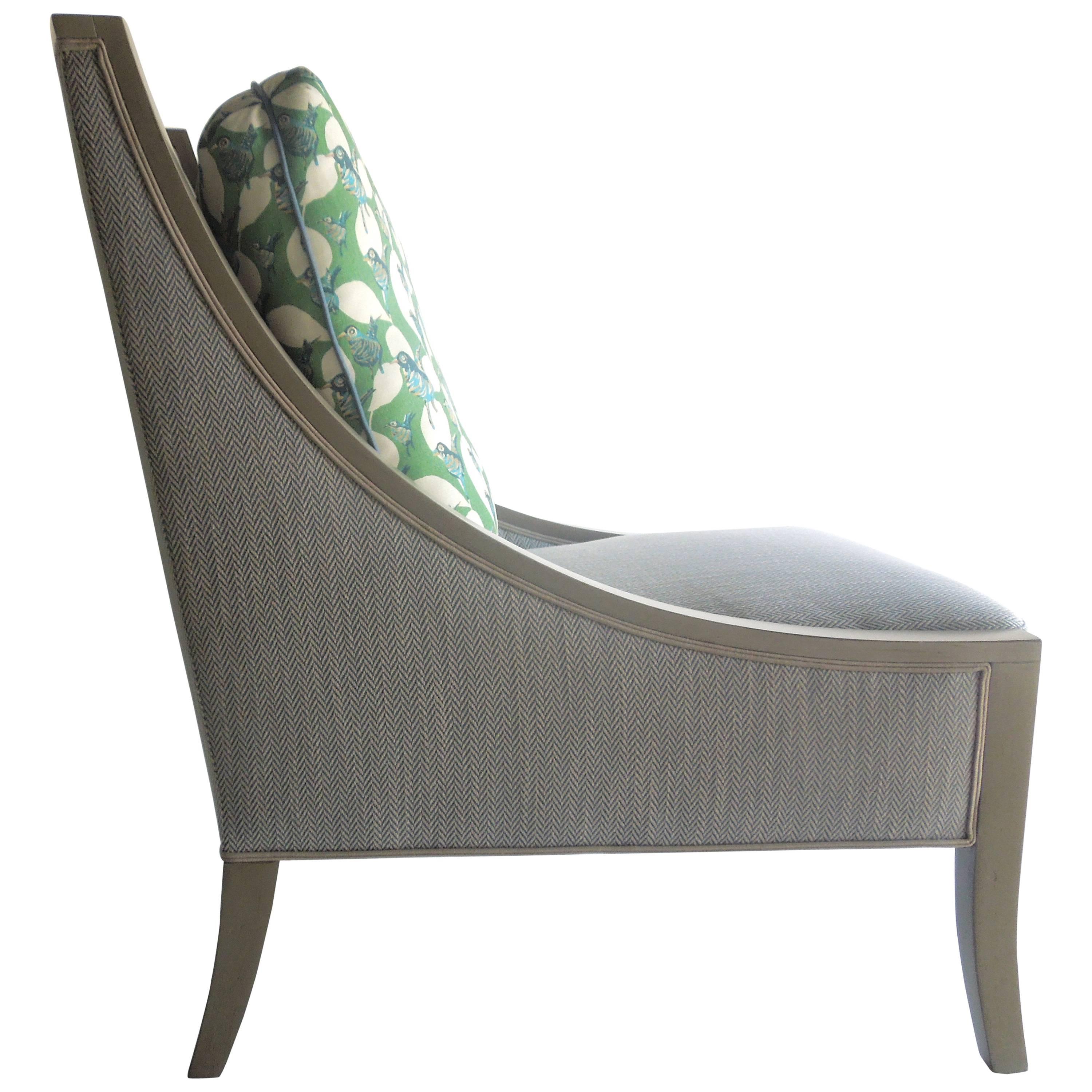 Hollywood Regency Modern Custom Made Herringbone Silver Slipper Chair