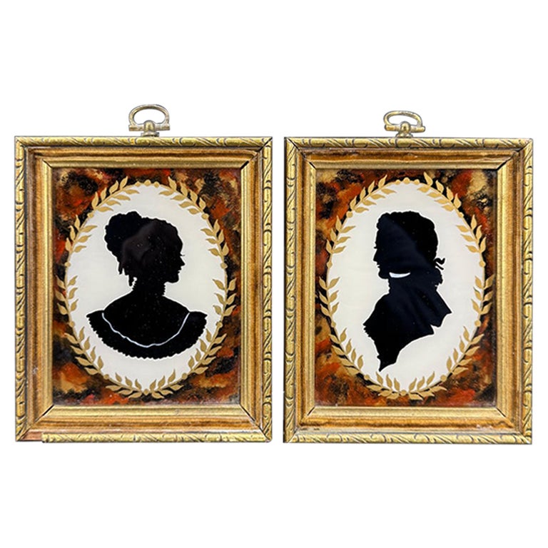 19th Century Pair of French Reverse Painted Profile Silhouettes Art