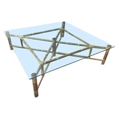 Vintage 1970s Large Bamboo and Glass Square Coffee Table by John McGuire