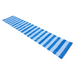 Handmade Cotton Area Flat Weave Runner, 1x10 Blue, Cream Striped Indian Dhurrie