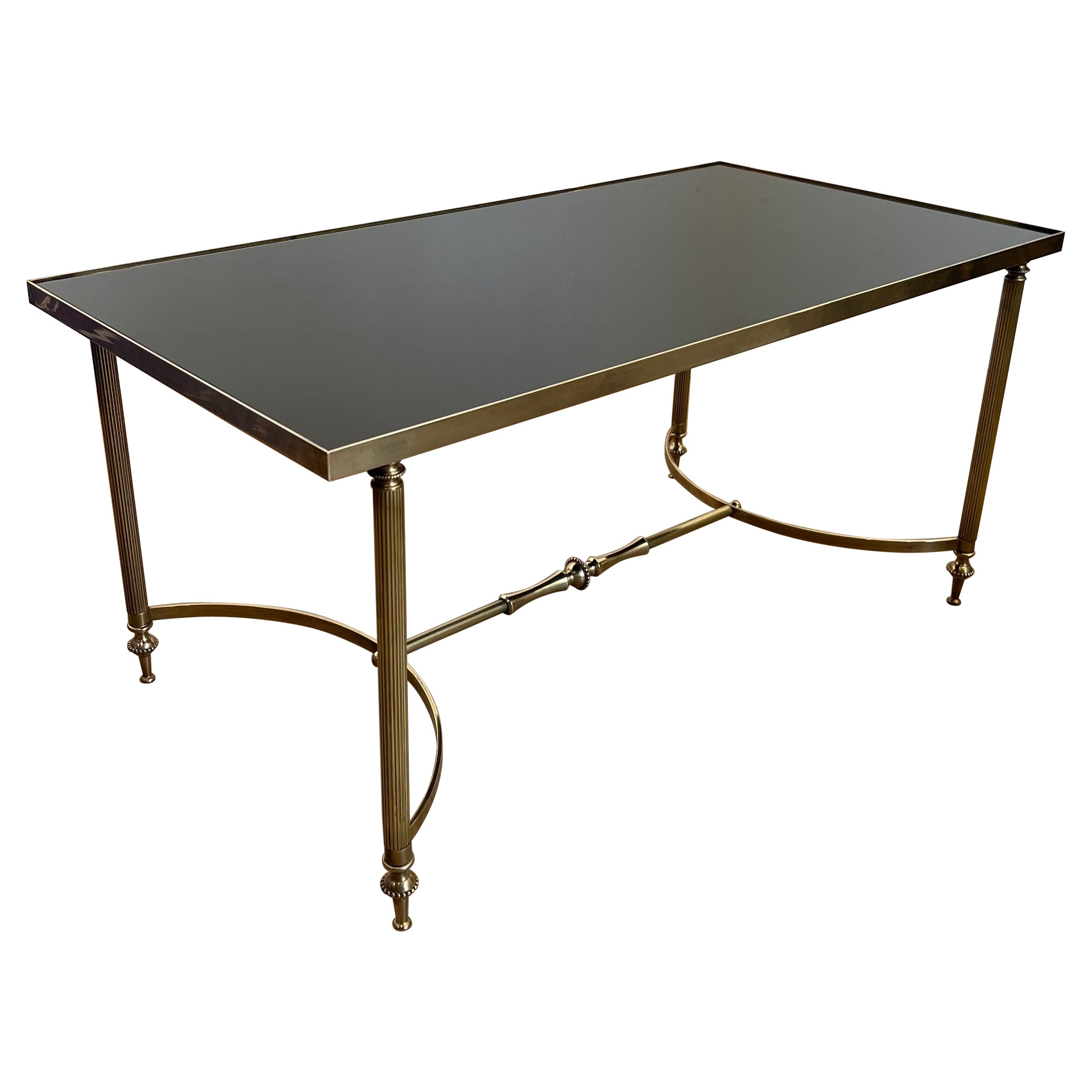 Brass Coffee Table with Black Lacquered Glass Top by Maison Jansen