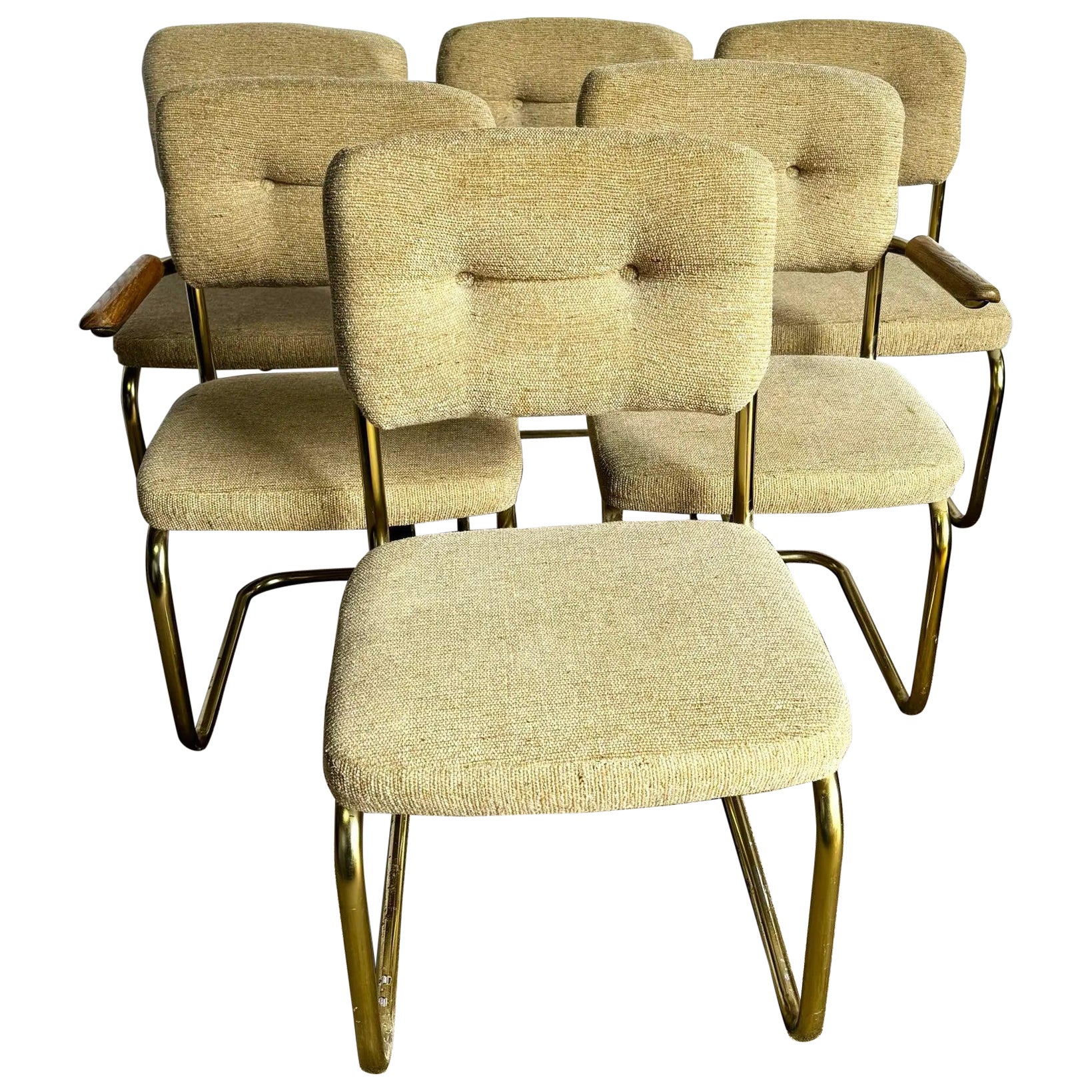 Sedie a sbalzo in oro e tufted beige della metà del secolo scorso - Set di 6 sedie in vendita