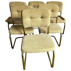 Mid Century Modern Gold and Tufted Beige Cantilever Chairs - Set of 6