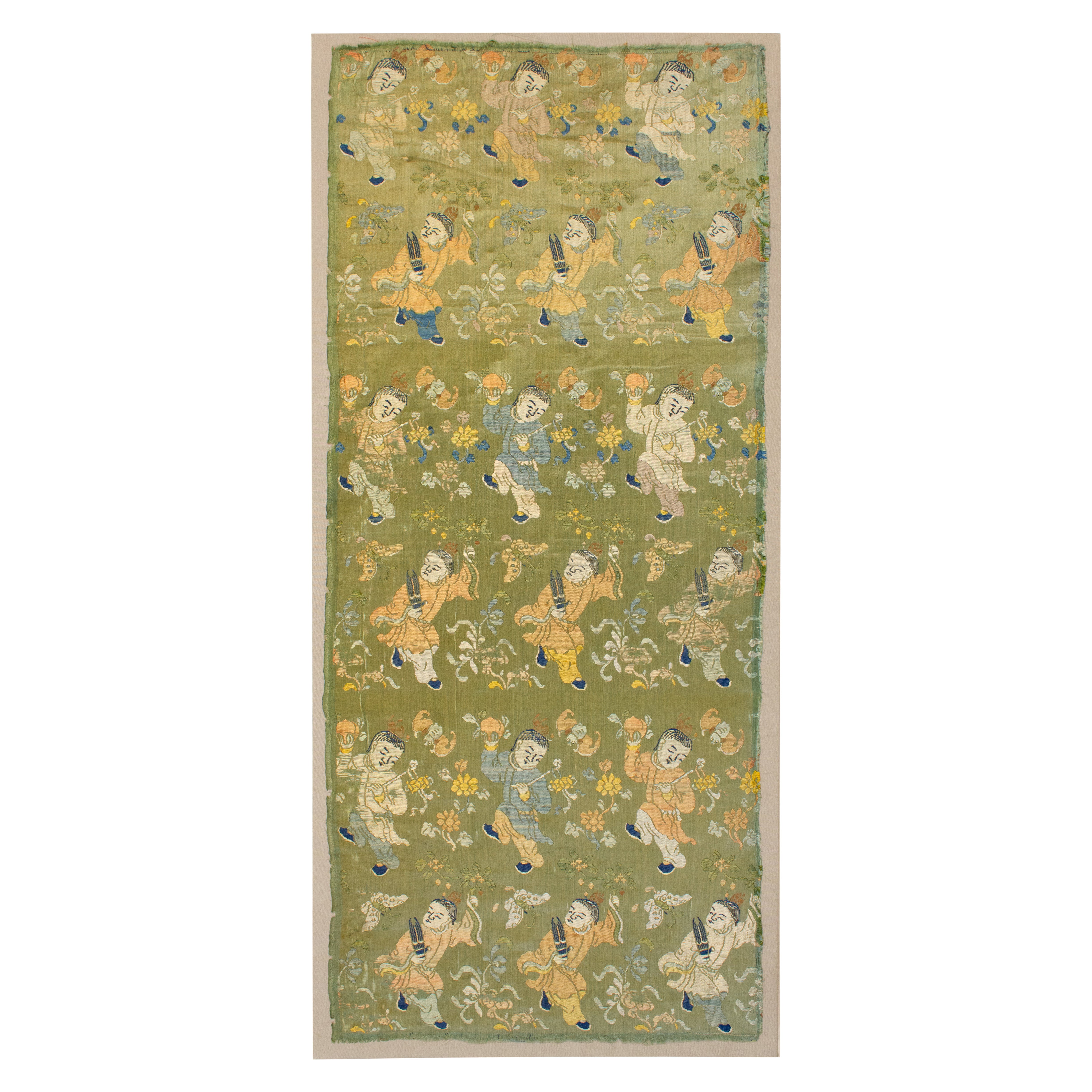 Antique Soft Teal Chinese Qing Dynasty Silk Brocade with Auspicious Symbols For Sale