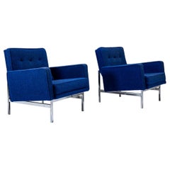 Ensemble de deux fauteuils Florence Knoll en tapisserie bleue d'origine, États-Unis, années 1950