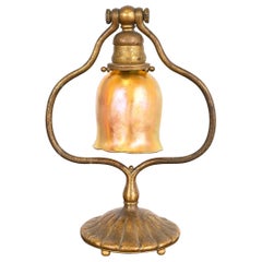 Tiffany Studios New York Bronze Doré Harp Favrile Iridescent Art Glass Desk Lamp