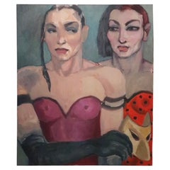 Olio neo-espressionista su tela raffigurante due uomini in costume di Manuel Pardo del 1980
