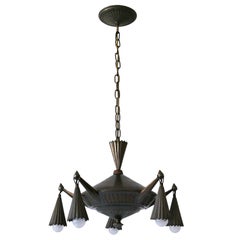 Exceptional Five Flamed Art Deco Cubist Brass Chandelier or Pendant Lamp 1920s