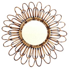 Bamboo Rattan Double Layered Flower Mirror with Pyrography Accents, Spain, 1960s