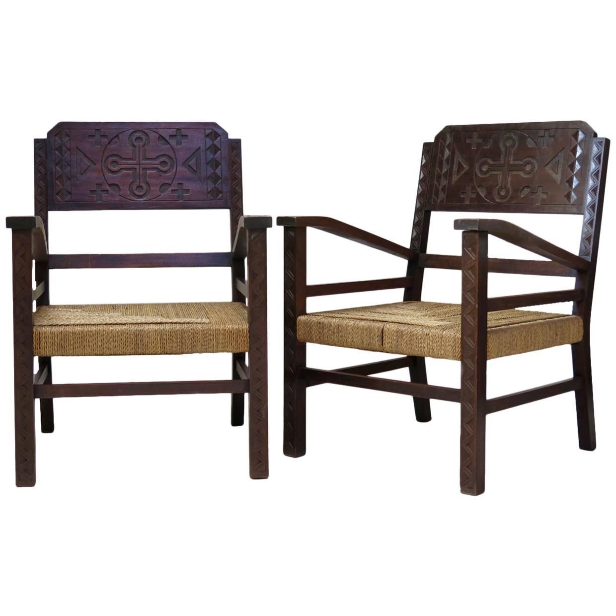 Pair of French Mid-Century Armchairs Carved with Geometric African Motifs