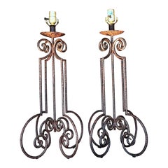 Vintage Boho Scroll Metal Column Lamps - a Pair