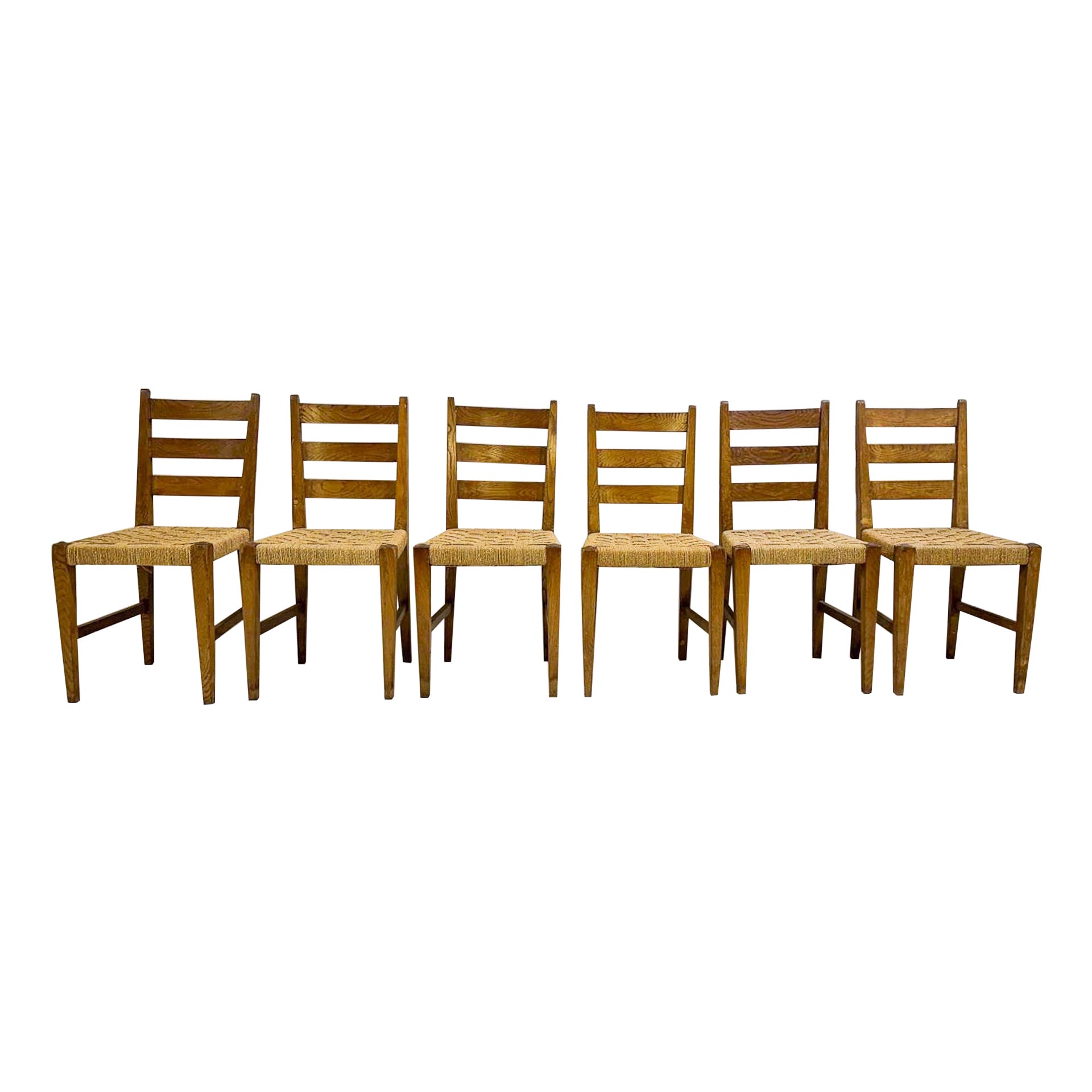 Mid-Century Modern Set of 6 Chairs, Oak and Rope, 1970s