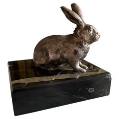 Antique Silvered Metal Rabbit on Black Marble Plinth, ca. 1900