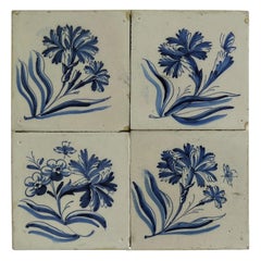 CUATRO Azulejos de Delft azules y blancos del siglo XVII sobre bastidor Juego 2, Países Bajos